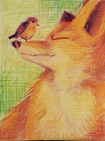 Fox and Songbird | Oil Pastels on Paper