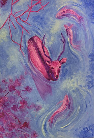 Deer and Koi Fish | Gouache on Paper
